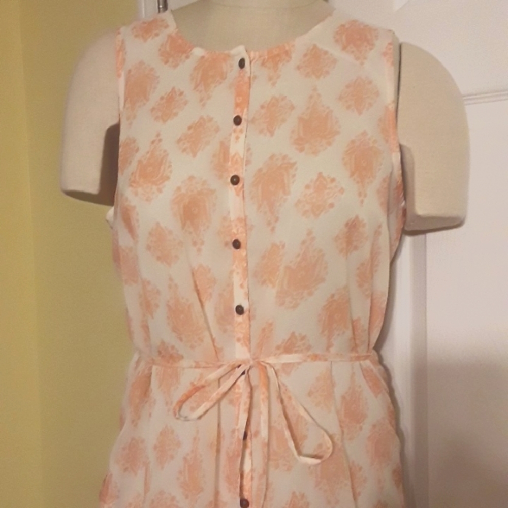 Lucky Brand Sleeveless Belted Maxi Dress sz M ivory peach buttons cottagecore